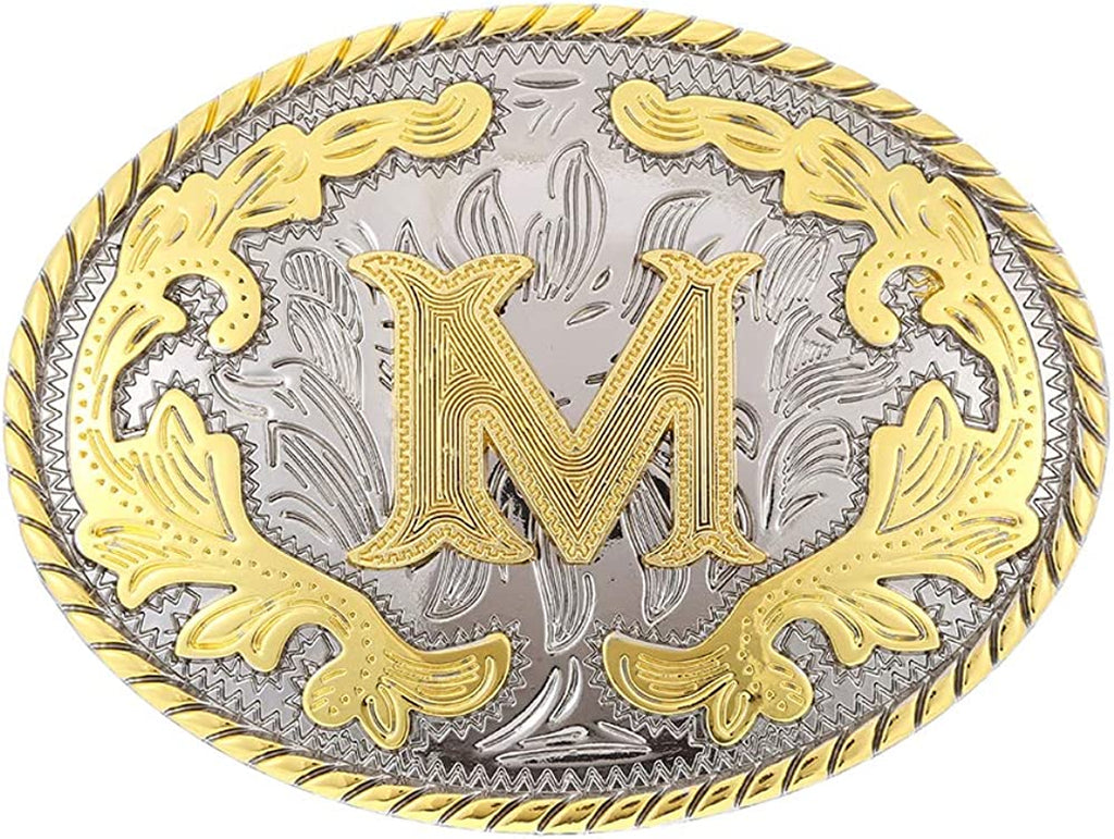 Western Belt Buckle with Initial Letters - Cowboy Rodeo Gold Large Belt Buckle for Men and Women