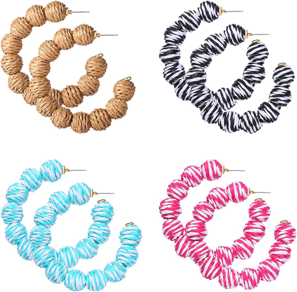  4 Pairs Rattan Earrings Hand Woven Geometric Statement Hoop Straw Wicker Braid Earrings Summer Beach Bohemian Drop Dangle Earrings for Women Girls