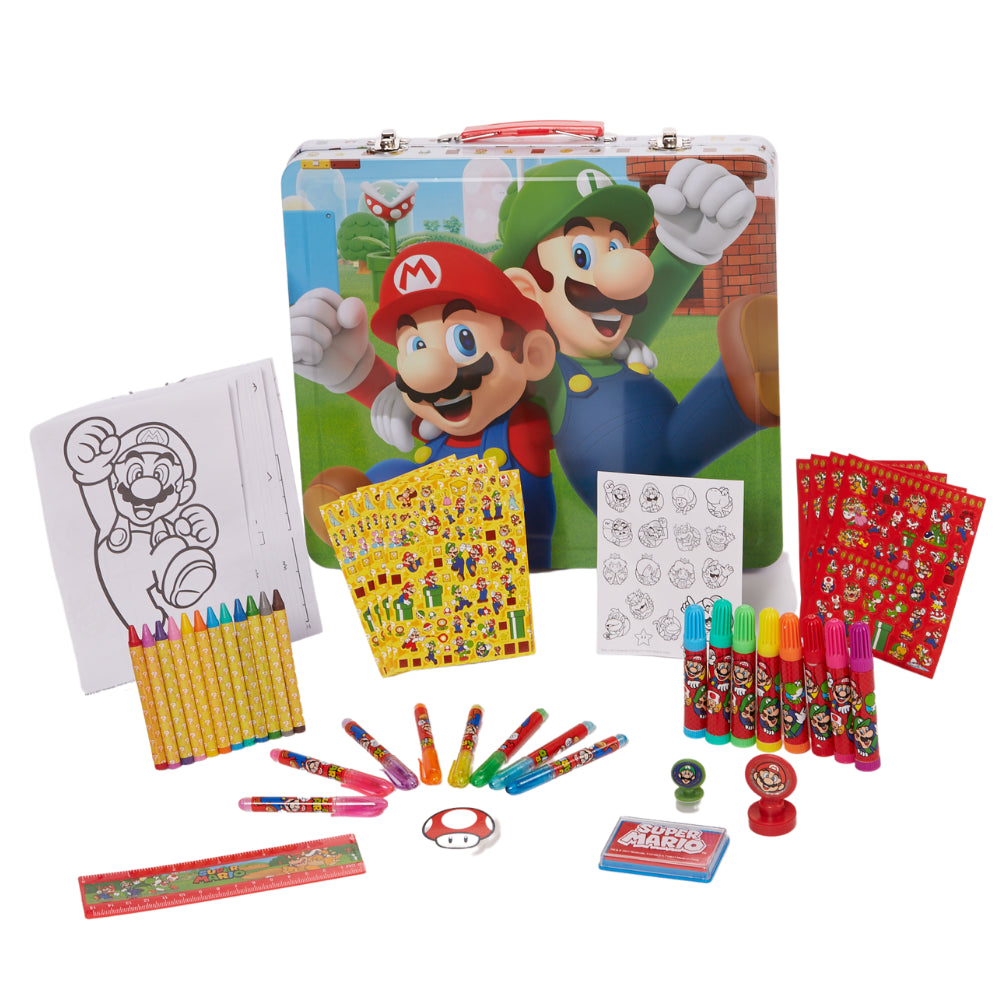 Super Mario Kids Art Kit with Carrying Tin Gel Pens Markers Stickers 5 –  MODAndME