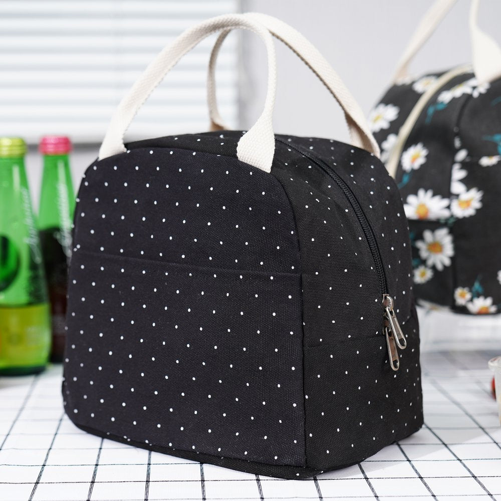  Lunch Bag for Girls, Reusable Insulated Tote Lunch Box for Women, Cooler & Thermal Lunch Bag for Work/ School/ Picnic/ Beach/ Fishing-Black Polka Dot