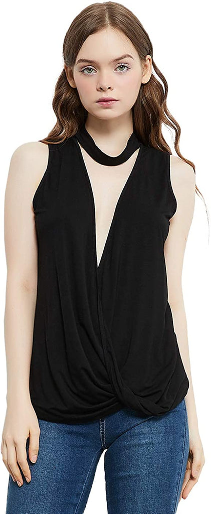 Women's Sleeveless Front Keyhole V Neck Vest Shirt Blouse Tank Top