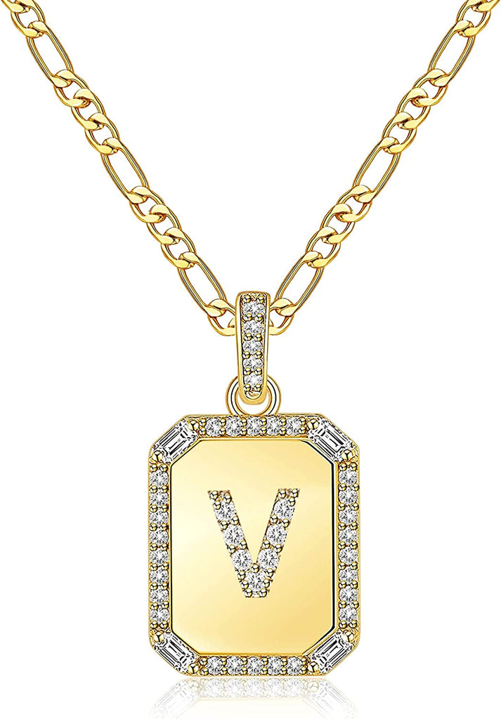 Rectangle Necklace with Monogram Letters Monogram 18K Gold Plated Stainless Steel Box Chain