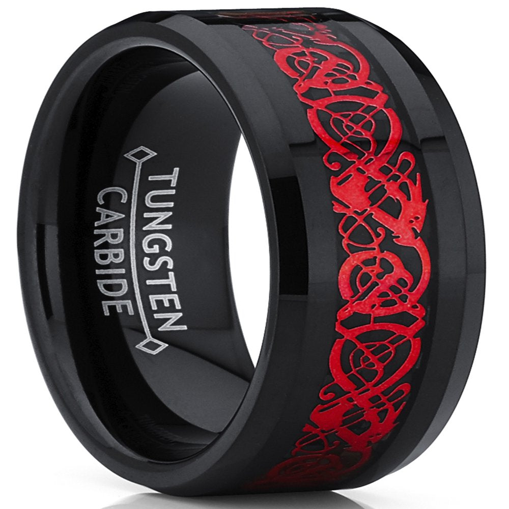 Men's Black Tungsten Red Dragon Ring Wedding Band Carbon Fiber Comfort Fit 8MM