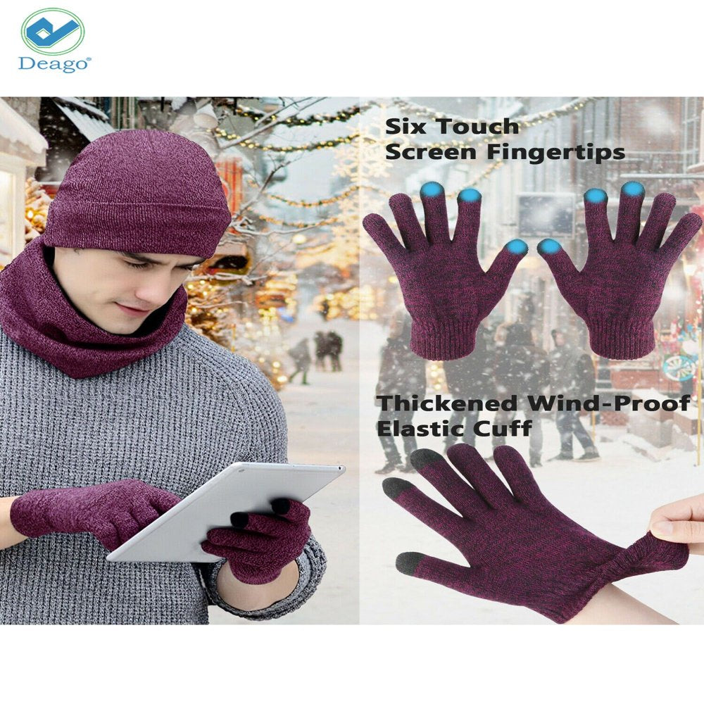 Winter Beanie Hat Scarf Touchscreen Gloves Set for Men and Women, Beanie Gloves Neck Warmer Set with Warm Knit Fleece Lined (Rose Red)