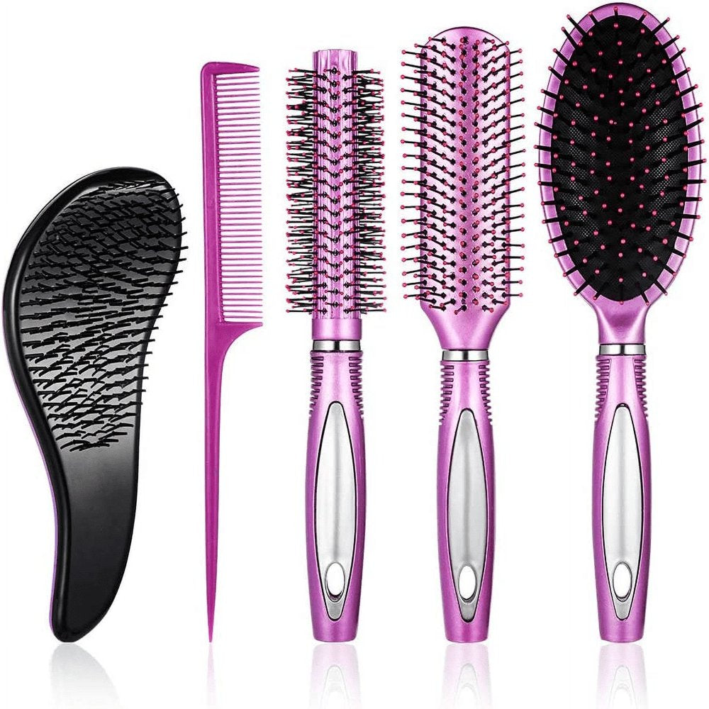 5 Pieces Hair Brush Comb Set Detangling Paddle Brush round Hair Tail Comb Wet Dry Brush for Women Men Hair Styling(Purple)