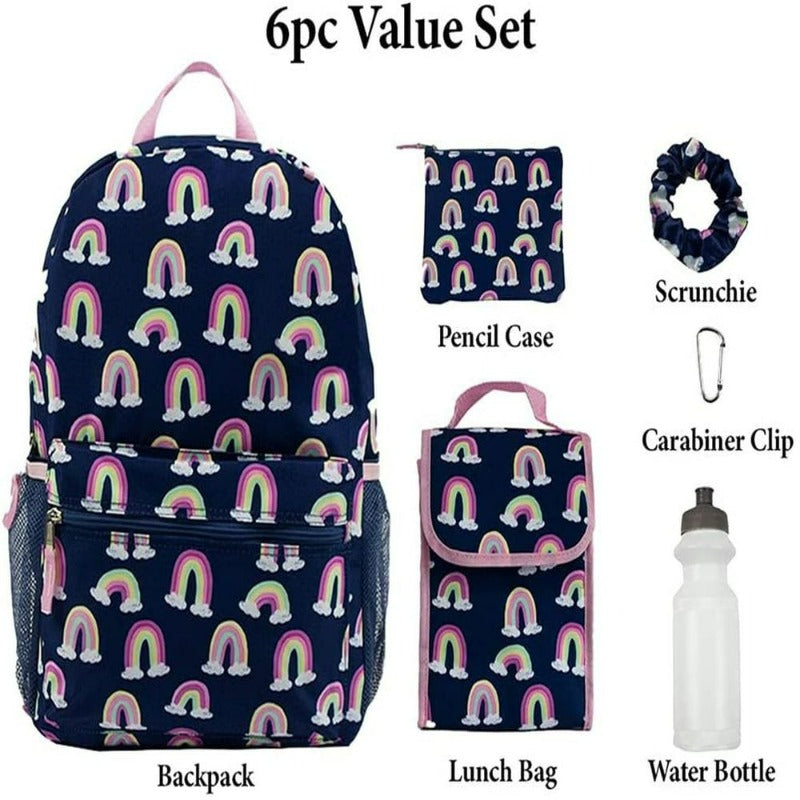 6 Piece Set  Rainbow Girls Backpack with Lunch Box and Water Bottle 