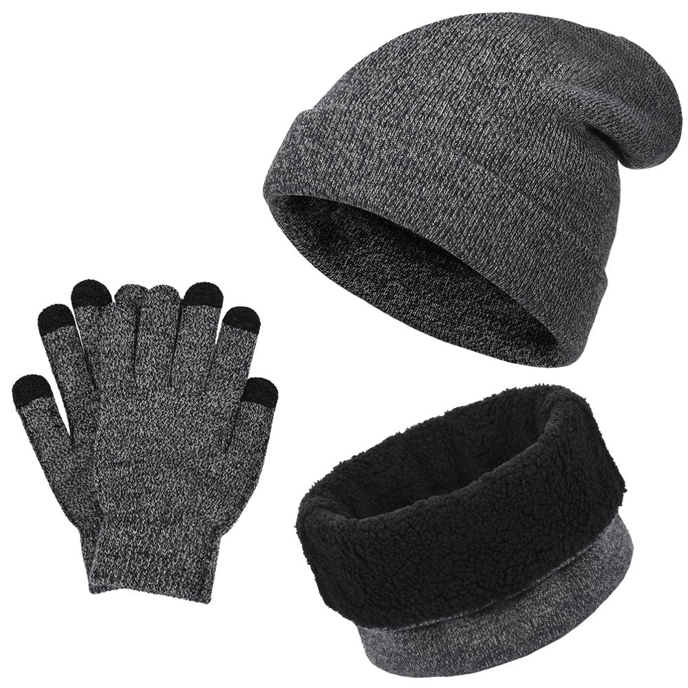 , 3 Pieces Universal Warm Knitted Hat Scarf Gloves Set, Beanie Hat Circle Scarf Touchscreen Gloves Set for Men Women, Wine Red