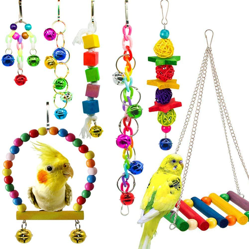 7 Pack Bird Parrot Toys Parakeet Toys, Colorful Bird Chewing Toys Swing Toy Hanging Toy Bird Cage Toys or Small Parakeets Cockatiels, Conures, Macaws, Parrots, Love Birds, Finches