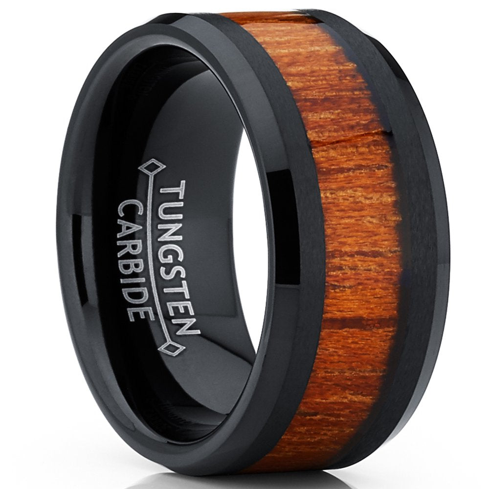 Men's Black Tungsten Carbide Wedding Band Ring, Real Wood Inlay Comfort Fit 8Mm 8