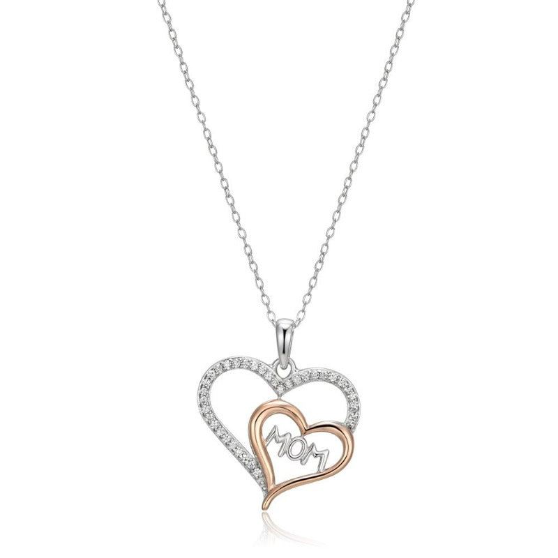 14K Rose Gold over Sterling Silver Double Open Heart "Mom" Pendant with 18" Chain 