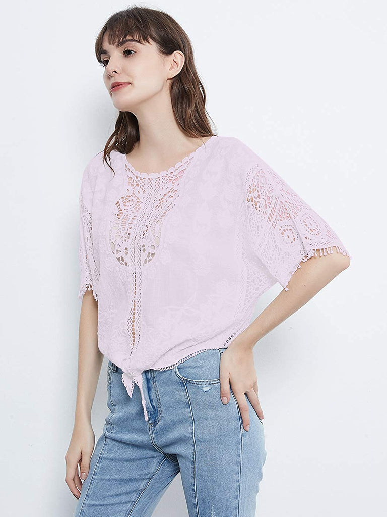 Women White Casual Lace Crochet Blouse Half Sleeve Tie Knot T-Shirt Blouses Tops Floral Printed Tops