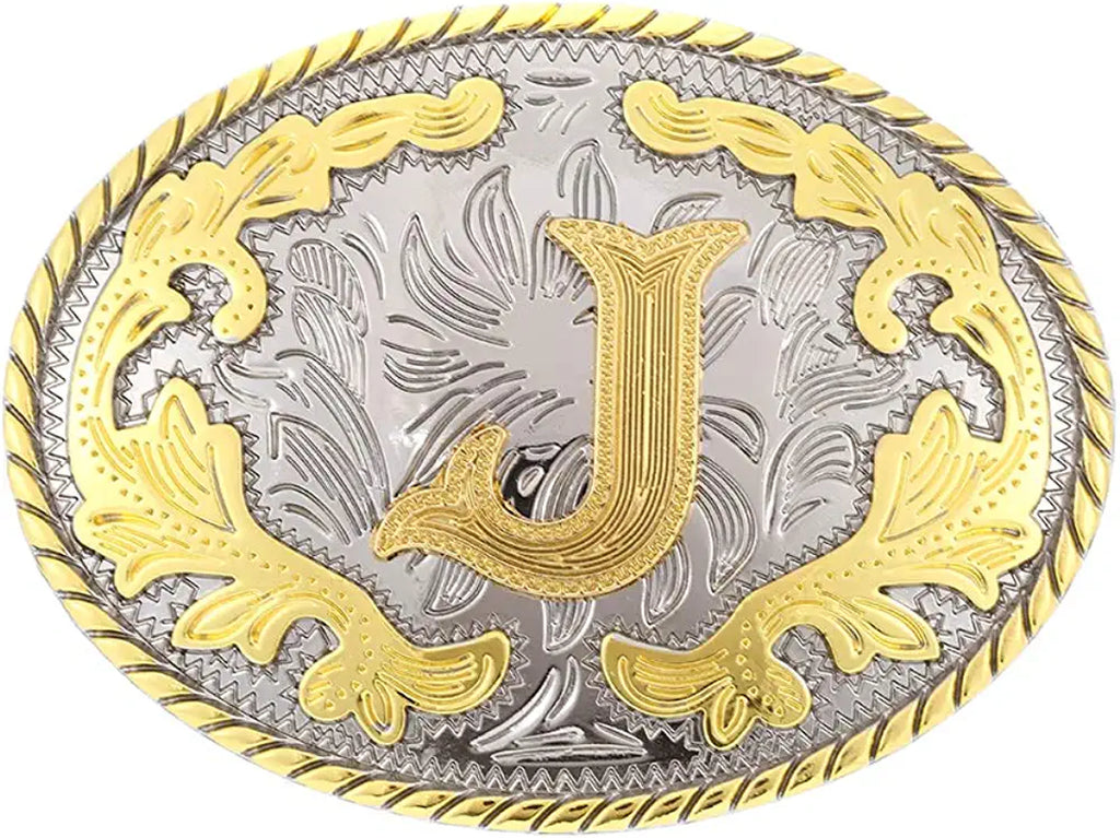 Western Belt Buckle with Initial Letters - Cowboy Rodeo Gold Large Belt Buckle for Men and Women