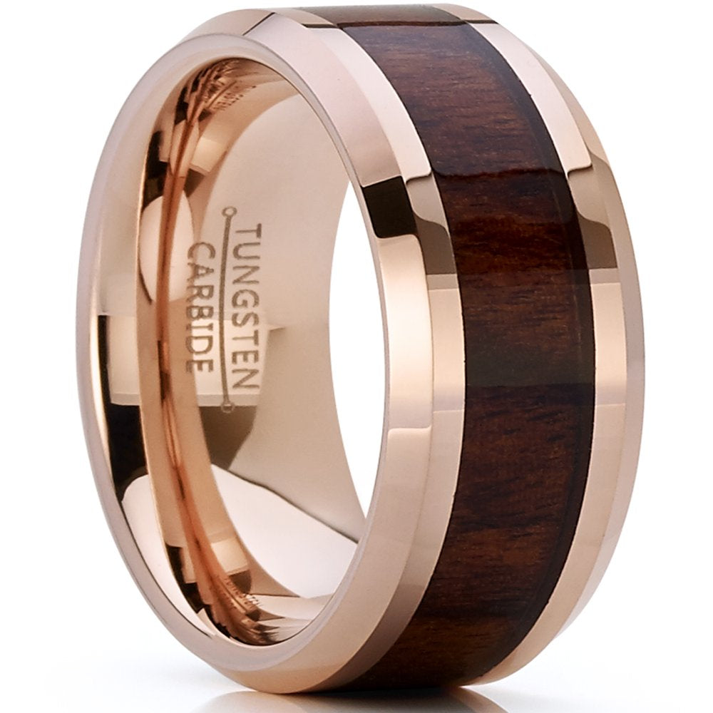 Men'S Rose Tone Tungsten Carbide Wedding Band Engagement Ring, Real Wood Inlay, Comfort Fit 8Mm 8
