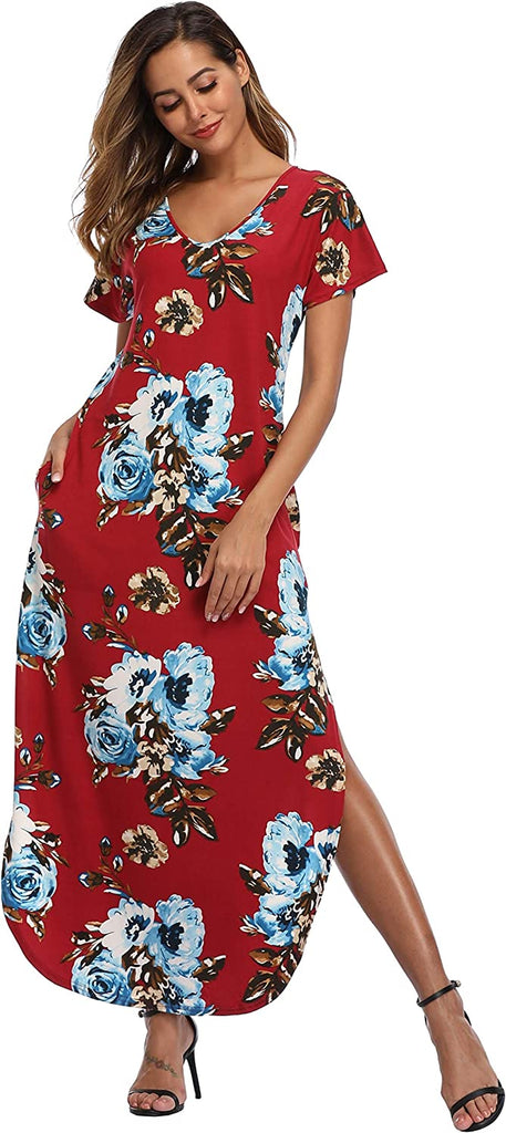 VEW Store Women's Maxi Dress Floral Printed Long Casual Beach Party Dress with Pocket