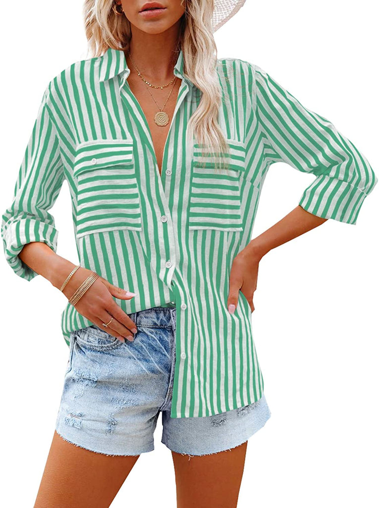 Women's Striped Button Down Shirts Casual Long Sleeve Stylish V Neck Blouses Tops with Pockets