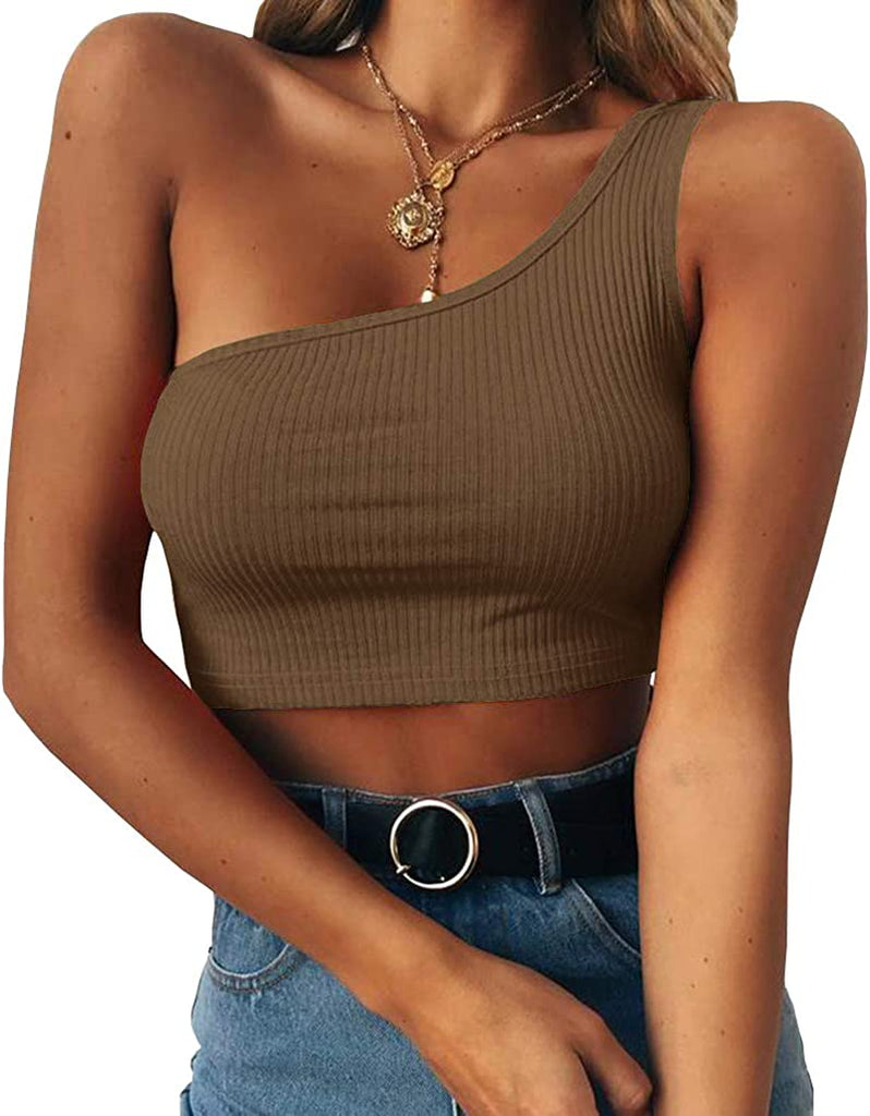 Minclouse Women's One Shoulder Sleeveless Crop Tops Summer Sexy Strappy Tank Tees