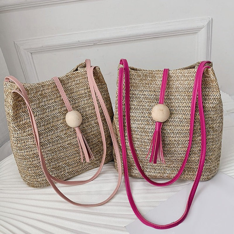  Women's Straw Woven  Beach Handmade Shoulder Bag  With Wooden Ball and Tassel
