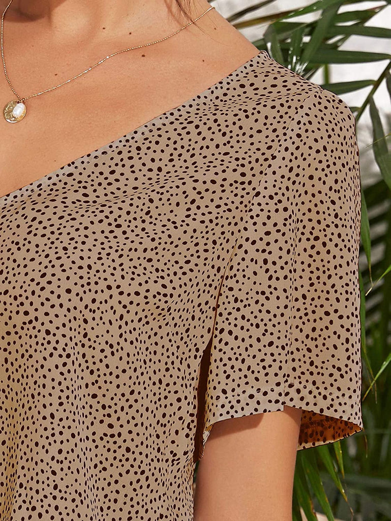 Women's Dalmatian Print V Neck Short Sleeve Button Front Blouse Top