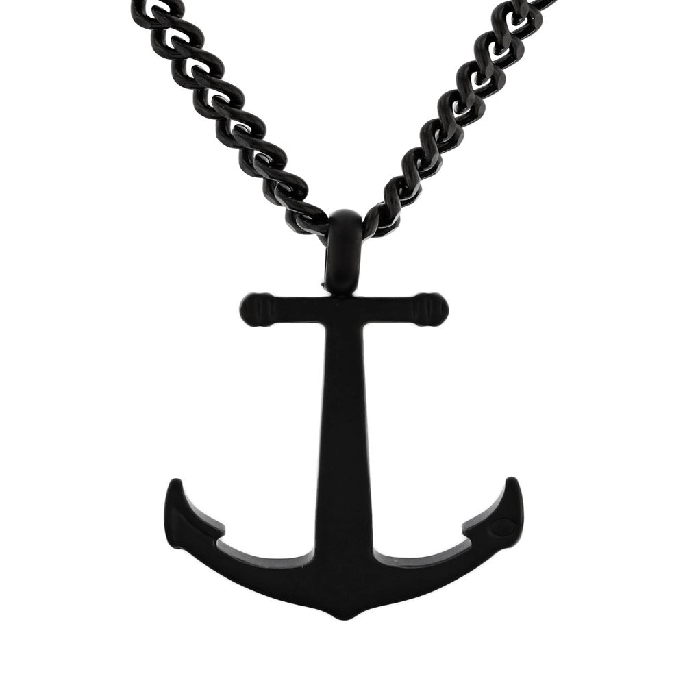 Mens Stainless Steel Black Anchor Pendant Necklace Chain