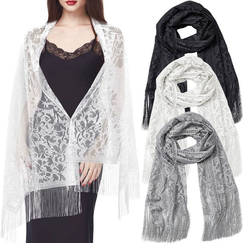 Women's 3 Pieces Lace Floral Shawl Scarves with Tassels
