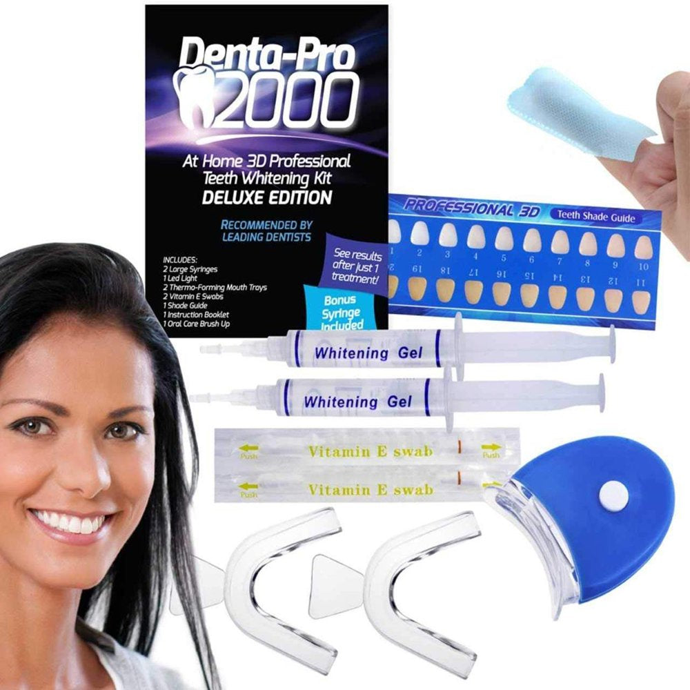 3D Teeth Whitening Kit Deluxe Set Includes LED Light, 2 5Ml Gel Syringes, Custom Moldable Tray 2, Vitamin E Swab 2, Shade Guide
