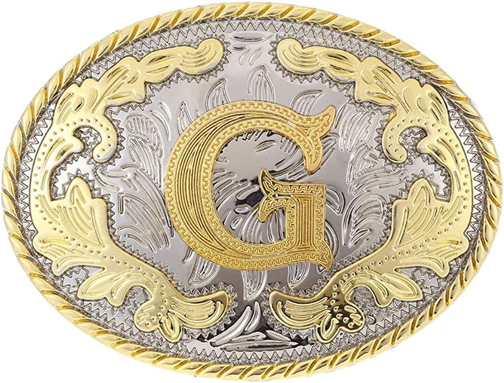 Western Belt Buckle with Initial Letters - Cowboy Rodeo Gold Large Belt Buckle for Men and Women