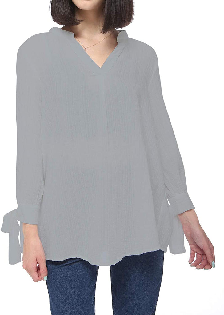 Women's Cotton Loose Blouse Top Split Neck Tunic V Neck Long Sleeve Shirt