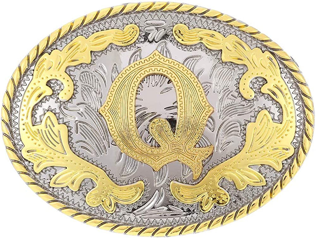 Western Belt Buckle with Initial Letters - Cowboy Rodeo Gold Large Belt Buckle for Men and Women