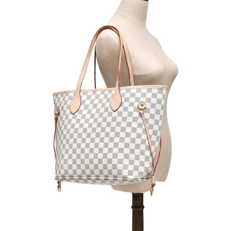 Womens Checkered Tote Shoulder Bag with inner pouch - PU Vegan Leather  Shoulder Satchel Fashion Bags -Cream checkered 