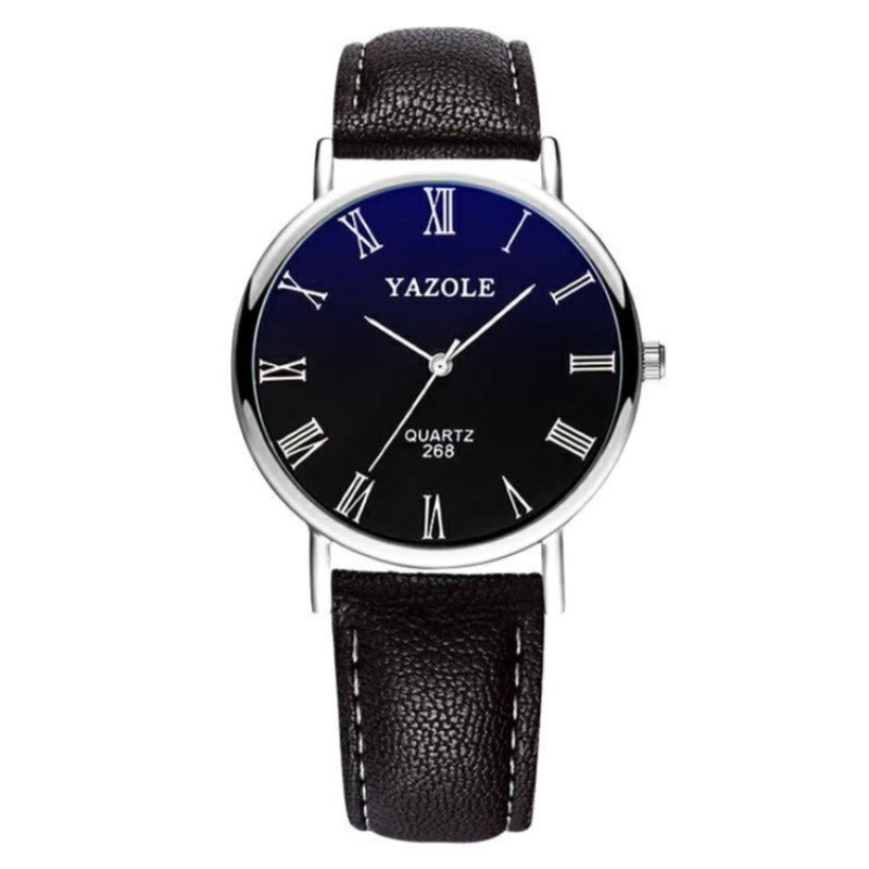 YAZOLE Mens Blu-Ray Roman Numerals Quartz Analog Wrist Watch, Faux Leather Band, Black Band Black Dial