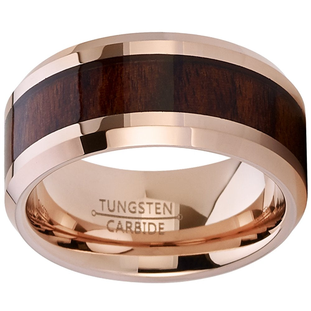 Men'S Rose Tone Tungsten Carbide Wedding Band Engagement Ring, Real Wood Inlay, Comfort Fit 8Mm 8