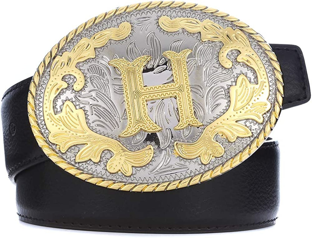 Western Belt Buckle with Initial Letters - Cowboy Rodeo Gold Large Belt Buckle for Men and Women