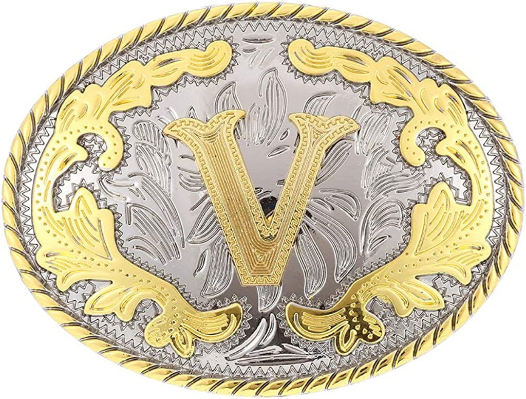 Western Belt Buckle with Initial Letters - Cowboy Rodeo Gold Large Belt Buckle for Men and Women