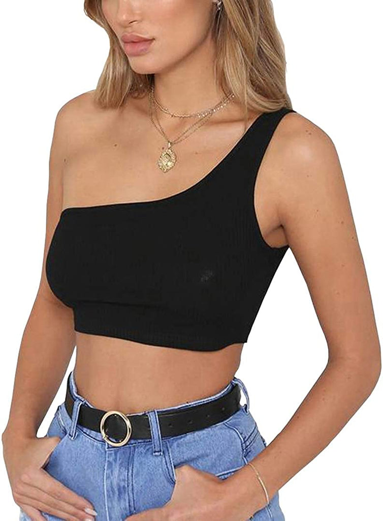 Minclouse Women's One Shoulder Sleeveless Crop Tops Summer Sexy Strappy Tank Tees