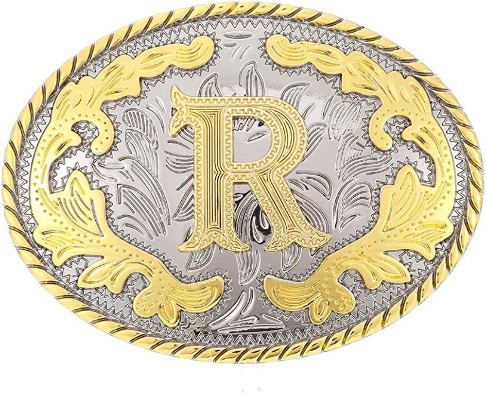 Western Belt Buckle with Initial Letters - Cowboy Rodeo Gold Large Belt Buckle for Men and Women