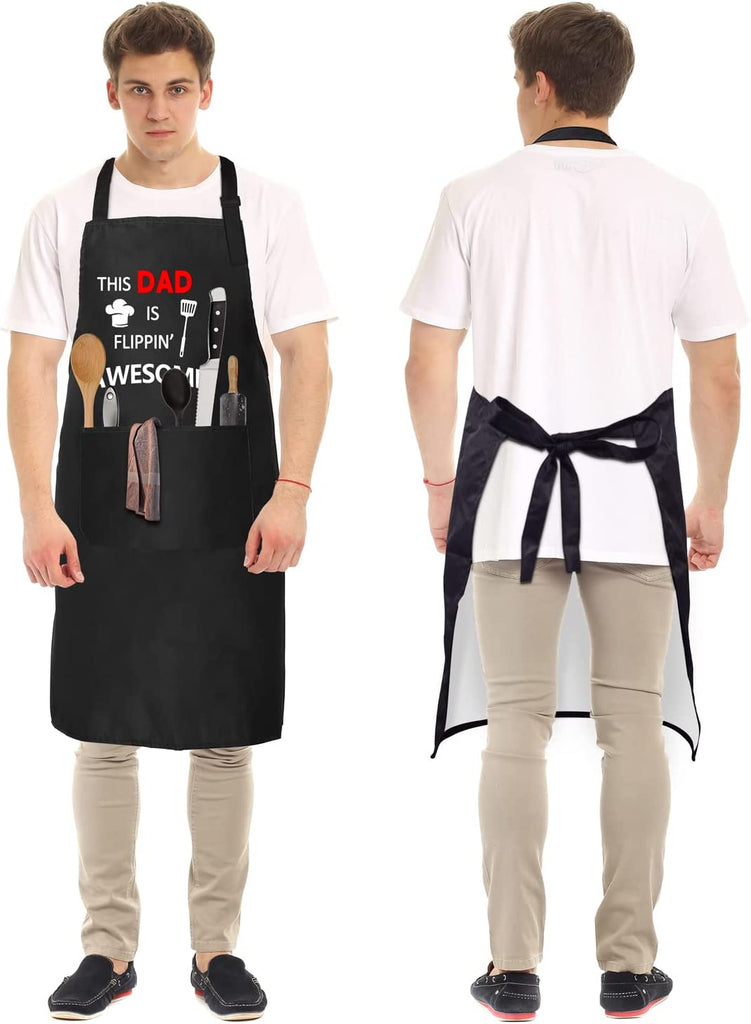 Funny Apron, BBQ Grill Apron with 2 Pockets, Funny Aprons for Men, Women, One Size Fits All, Cooking Aprons, Personalized Apron, BBQ Gift Apron for Father, Husband, Chef (This Dad is Flippin' Awesome)