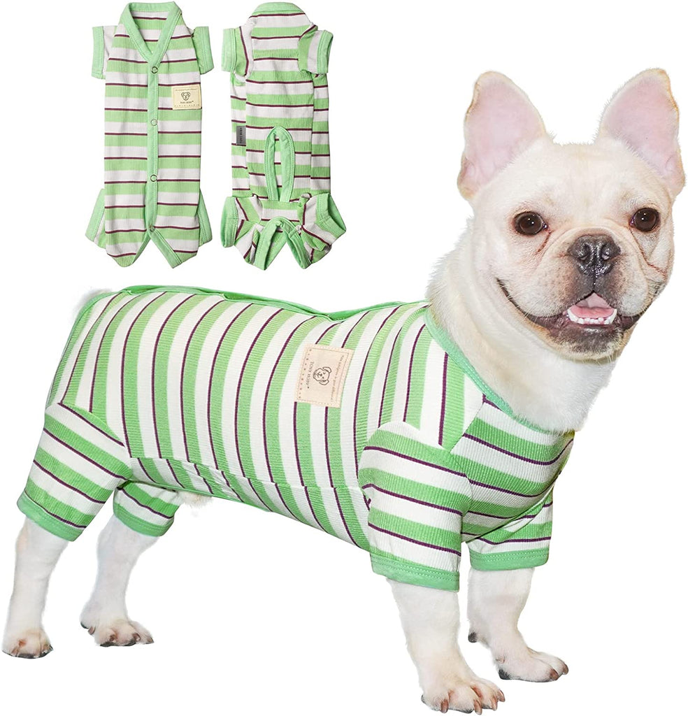  Dog Pajamas, Female/Male Dog Jumpsuit Pet Clothes with Colorful Stripe, Dog 4 Legged Pajamas Knit Clothes for Small Medium Size Dog (Green&Purple, Boy, XS)
