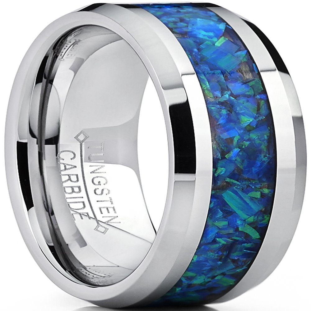 Men'S 8MM Tungsten Carbide Wedding Band Ring with Blue Green Simulated Opal Inlay 8MM Size 8