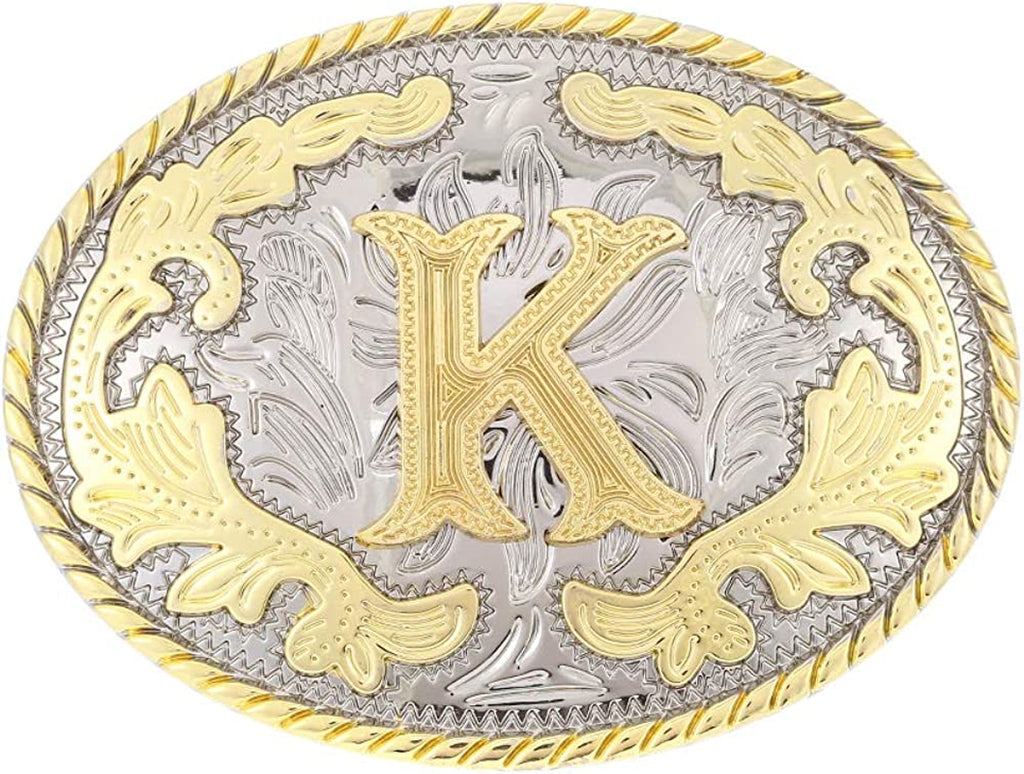 Western Belt Buckle with Initial Letters - Cowboy Rodeo Gold Large Belt Buckle for Men and Women