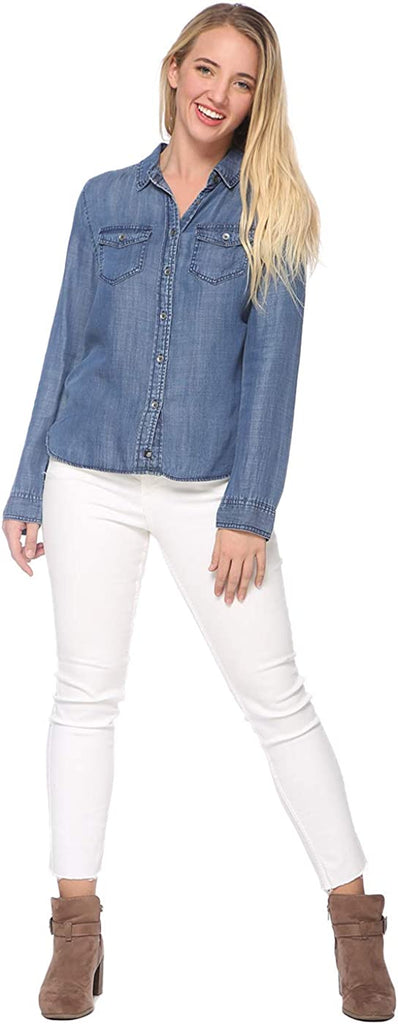 Women's Denim Shirt Button down Blue Jean Tencel Long Sleeve Western Blouse Top