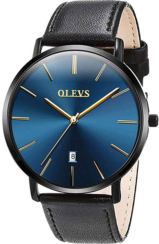 OLEVS Mens Minimalist Leather Strap Watches Brown Black Blue Leather Band Quartz Wrist Watches, Waterproof & Date Window