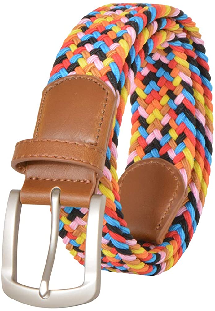 Braided Elastic Belt, No Holes Leather Inlay Multi-Color Options unisex- Stretch Belt Metal Buckle