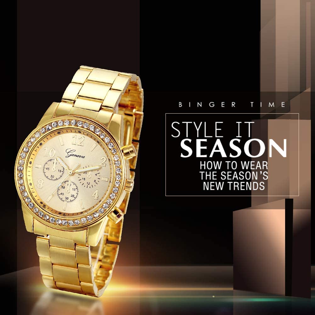 JewelryWe Luxury Mens Dress Watch, Stainless Steel Bling Rhinestones Accented Quartz Wrist Watches - Gold, for Valentine’s Day