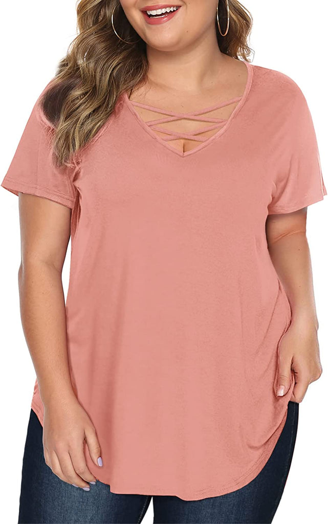 Amoretu Women's Plus Size Tops Short Sleeve Criss Cross V Neck T-Shirt