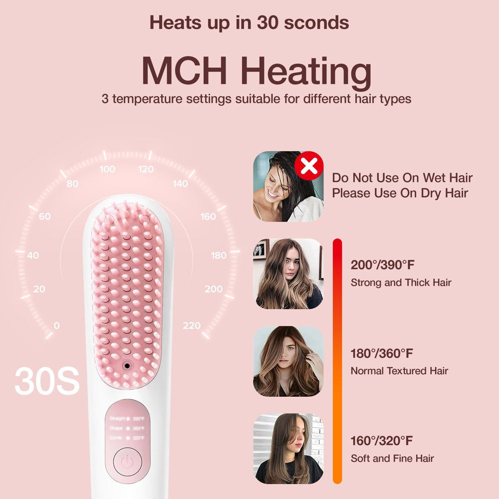 Cordless Hair Straightener Brush,  Portable Ionic Hot Straightening Comb for Travel, Pink