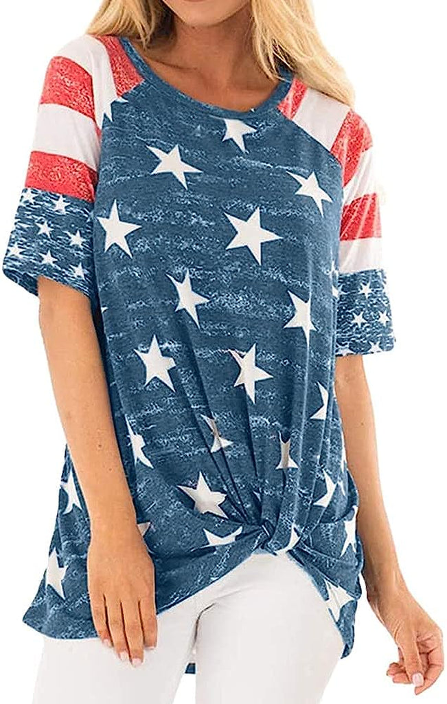  Womens American Flag Shirt USA Flag Stars Stripes Print Short Sleeve July 4th Patriotic Graphic Tees Tops