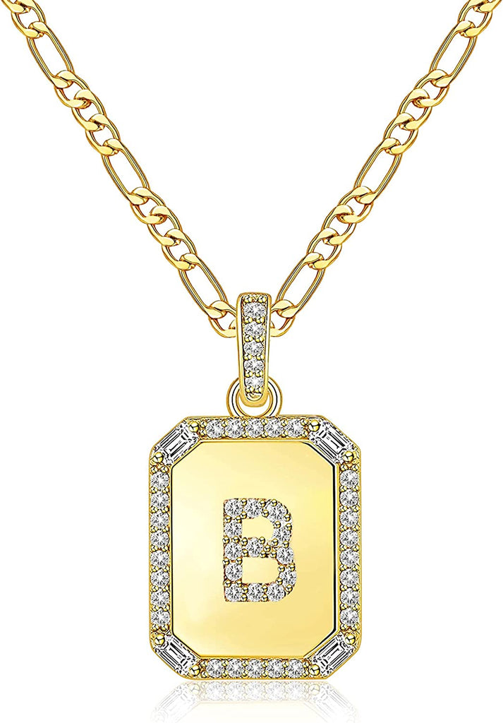 Rectangle Necklace with Monogram Letters Monogram 18K Gold Plated Stainless Steel Box Chain
