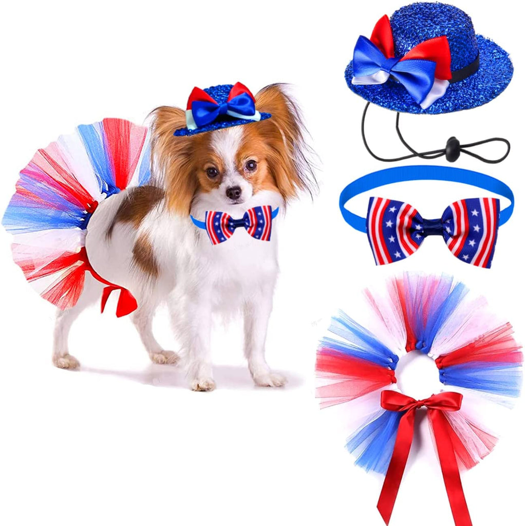 4th of July Pet Patriotic Costume Adjustable Dog Hat Bandanas Mesh Tutu Skirt American Flag Puppy Bibs Scarf Cat Collar 3 Pieces Independence Day Caps Bowtie Dress for Small Dogs Kitty Decorations