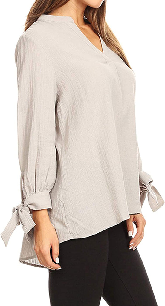 Women's V Neck Blouse Split Tie Sleeve Casual Office Work Shirts Tops