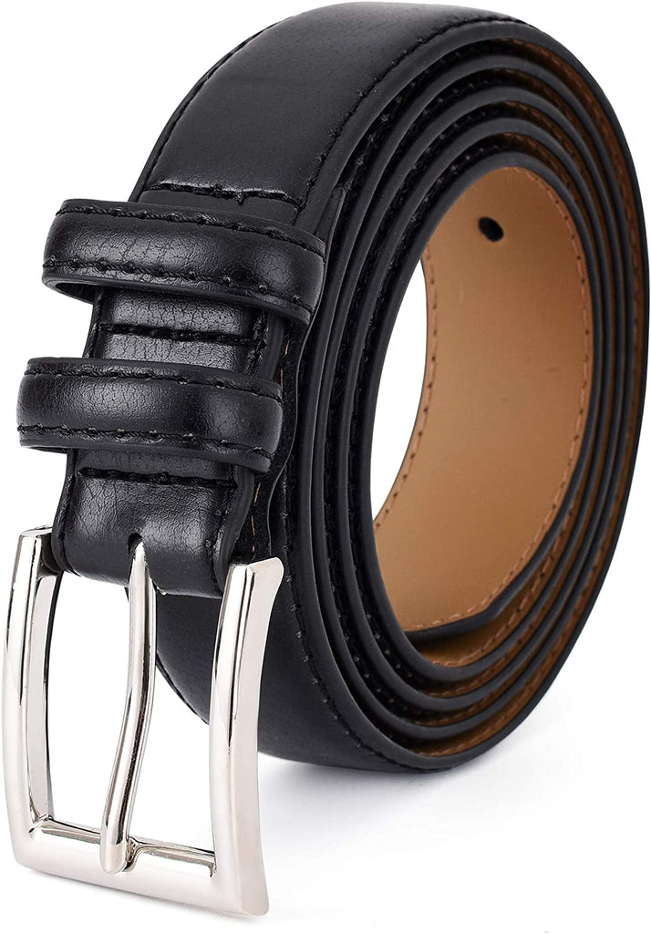Premium Classic Leather Dress Belt | Double Stitched Loops Thick Tall Belts | Basic Belt Dark Satin Solid Belt Prong Buckle